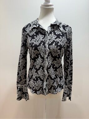 Black Floral Lace-Effect Button-Down Shirt